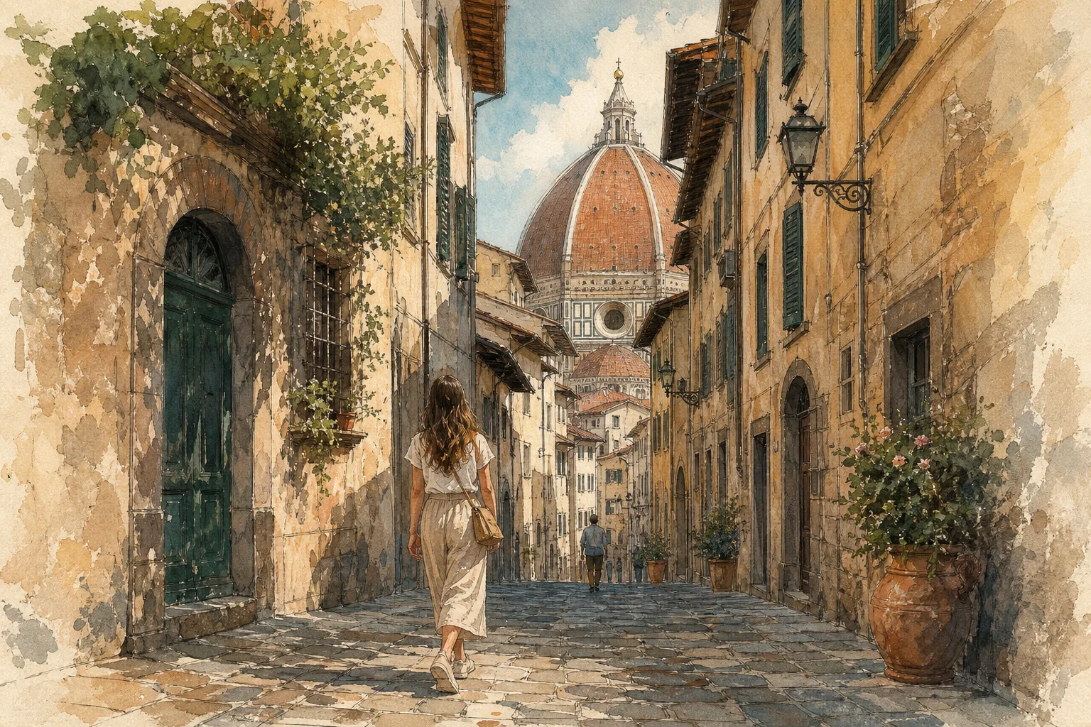 A watercolor illustration of a traveler walking down a narrow cobblestone street in Florence, with the Duomo dome framing the skyline.