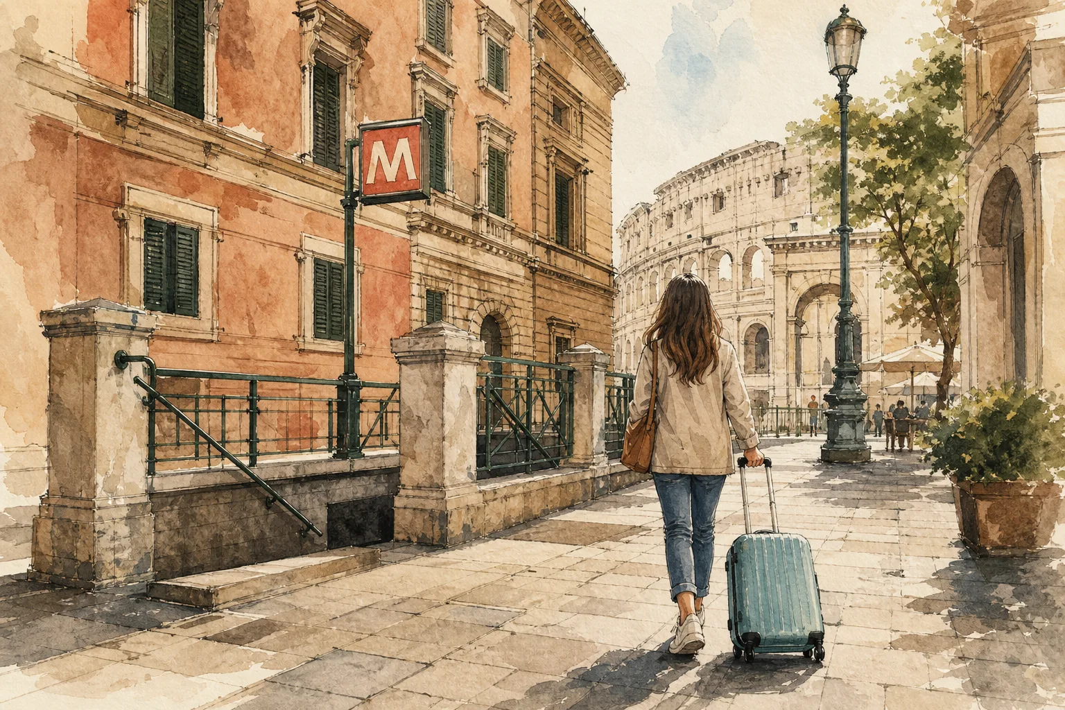 Watercolor illustration of a traveler with a suitcase walking toward a Rome metro entrance with historic Roman architecture in the background.