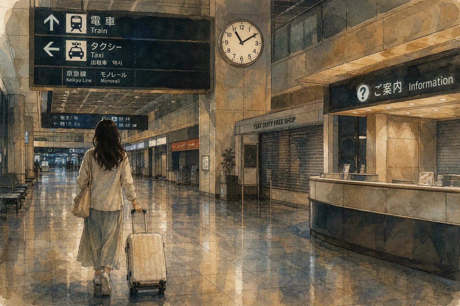 A lone traveler with a suitcase walks through a quiet, late-night international airport terminal in Japan, with a large clock showing almost 1 AM and signs for information and transport.