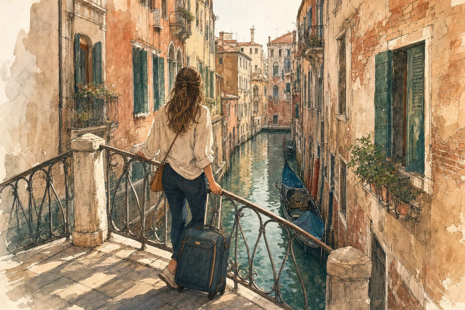 A watercolor drawing of a traveler with a suitcase standing on a bridge in Venice.