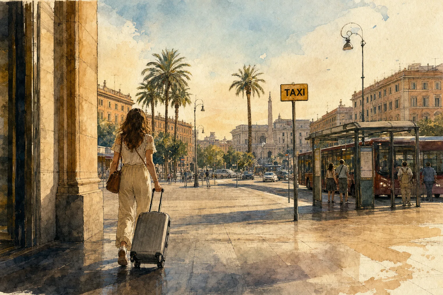 A traveler pulling a suitcase exits a grand European train station into a sunny public square featuring palm trees and a taxi stand.