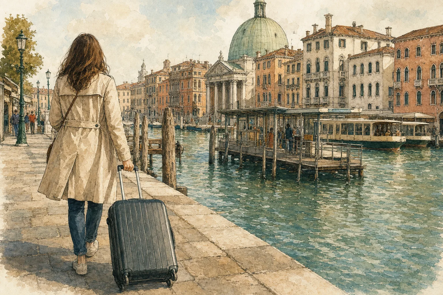 Watercolor illustration of a woman in a trench coat pulling a wheeled suitcase along a canal walkway in Venice.