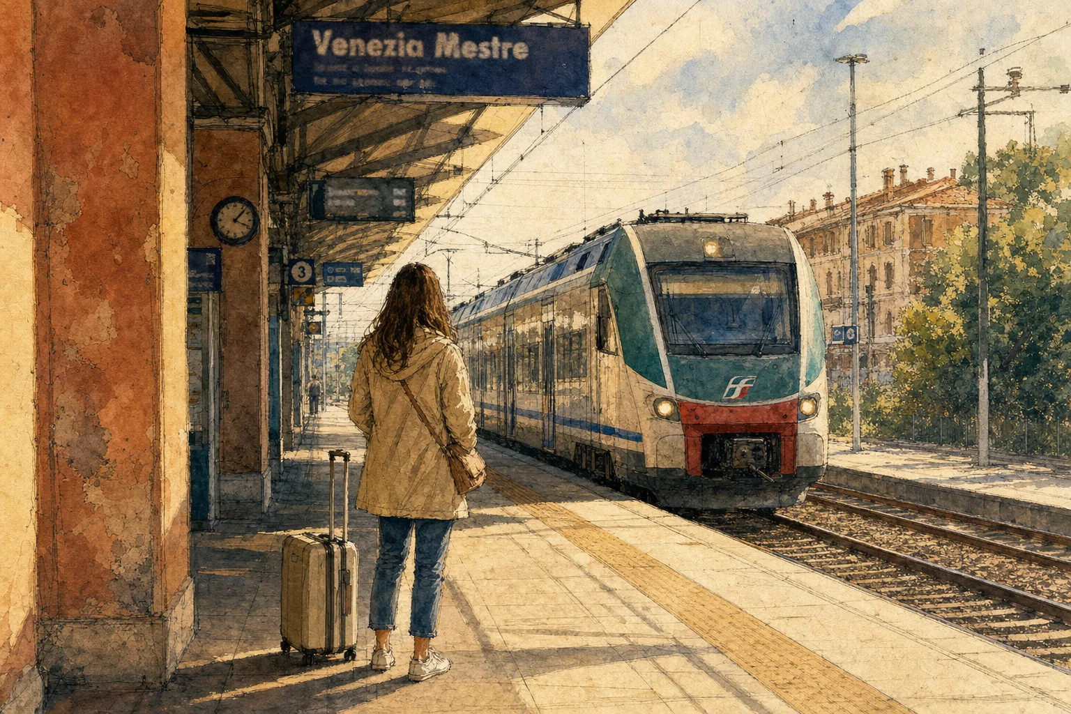 Watercolor of a traveler with luggage on a platform at Venezia Mestre station waiting for an incoming train.