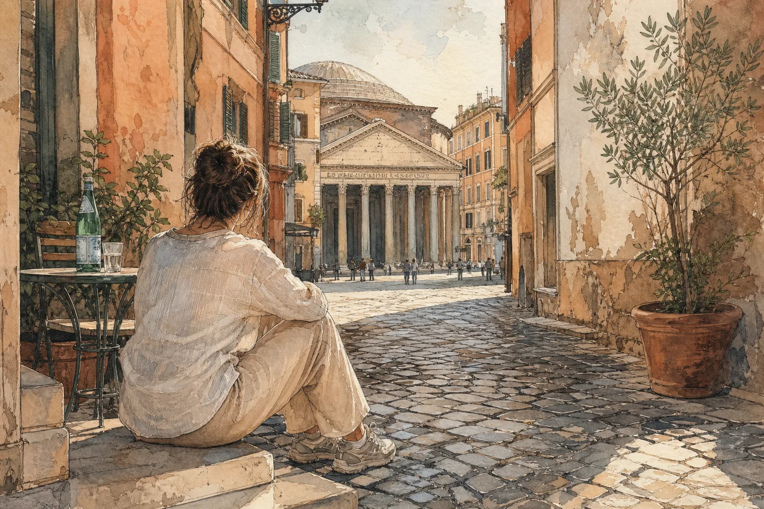 A watercolor illustration of a person resting on a stone step in Rome, looking toward the Pantheon.