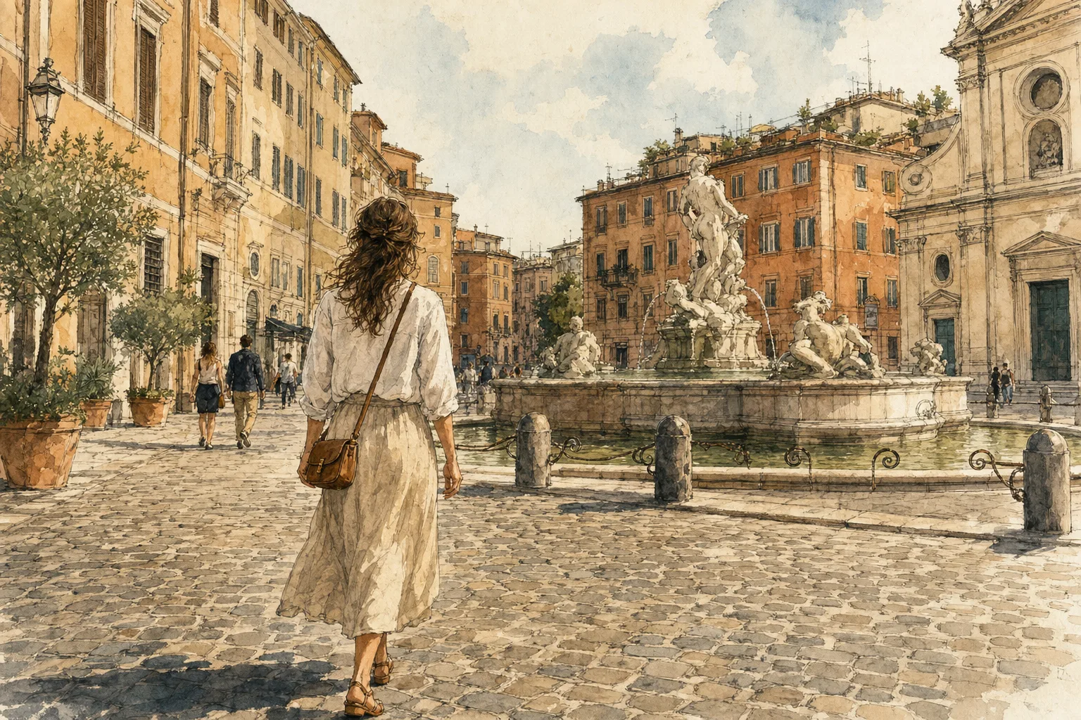 A watercolor illustration of a solo woman walking on a Roman cobblestone street toward a public fountain.