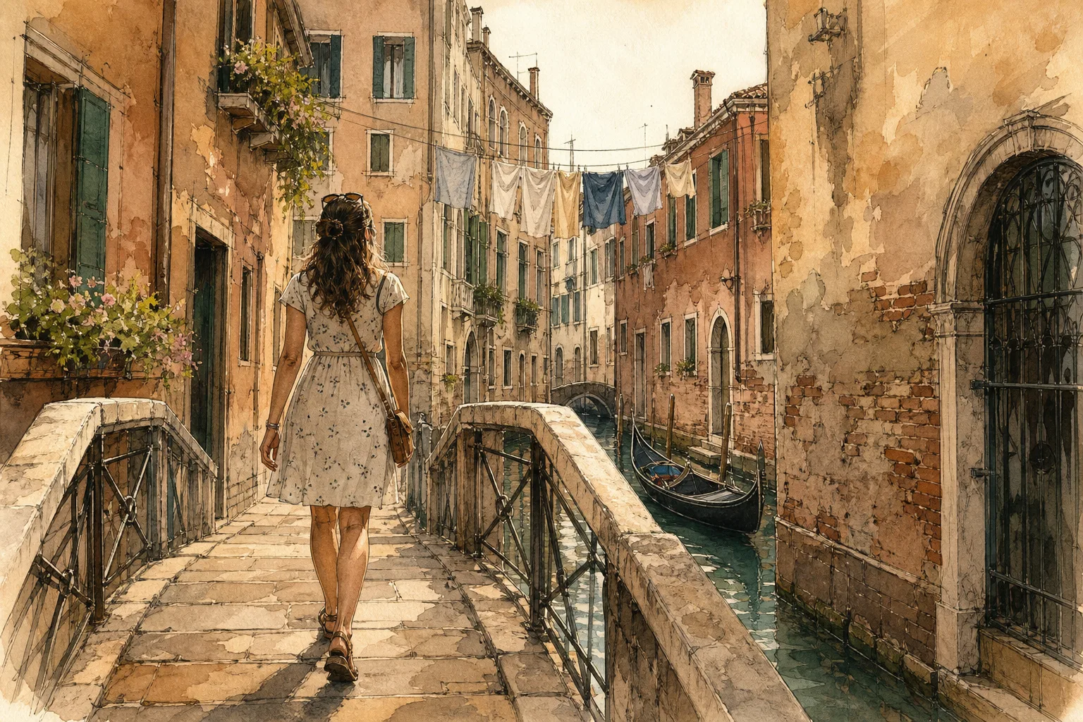 A watercolor illustration of a young woman walking across a small stone bridge over a quiet canal in Venice.