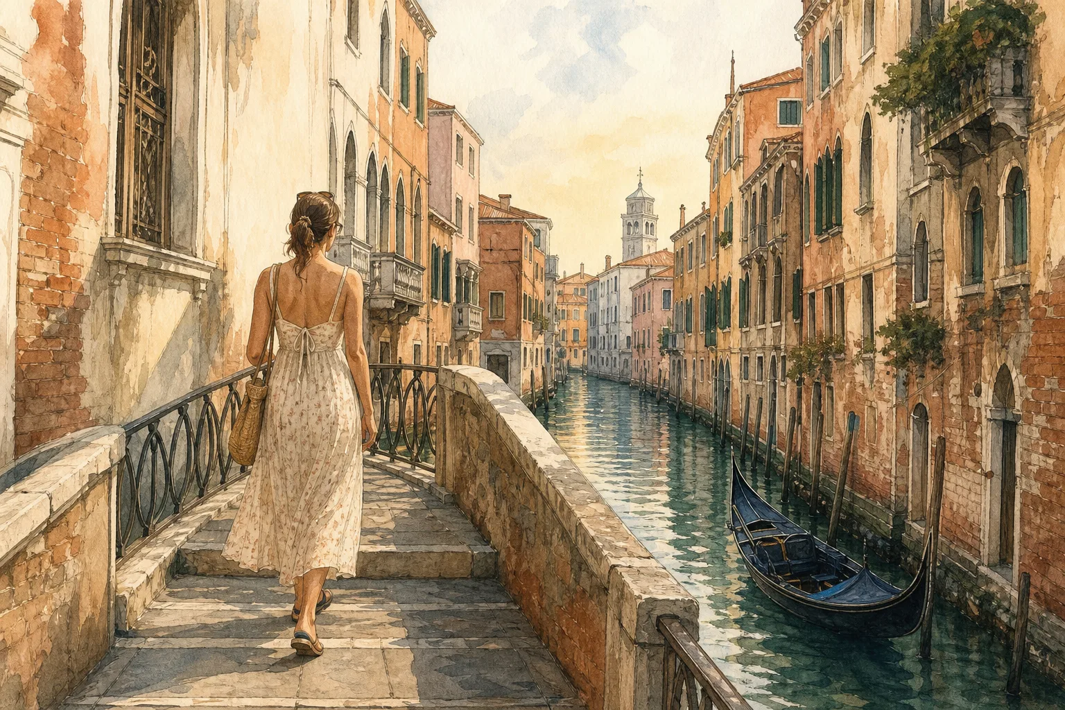 Watercolor illustration of a woman walking across a quiet stone bridge over a Venice canal at sunrise.