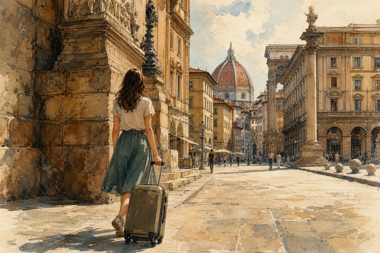 A watercolor illustration of a woman with a suitcase walking on a historic street in Florence, with the Duomo in the background.