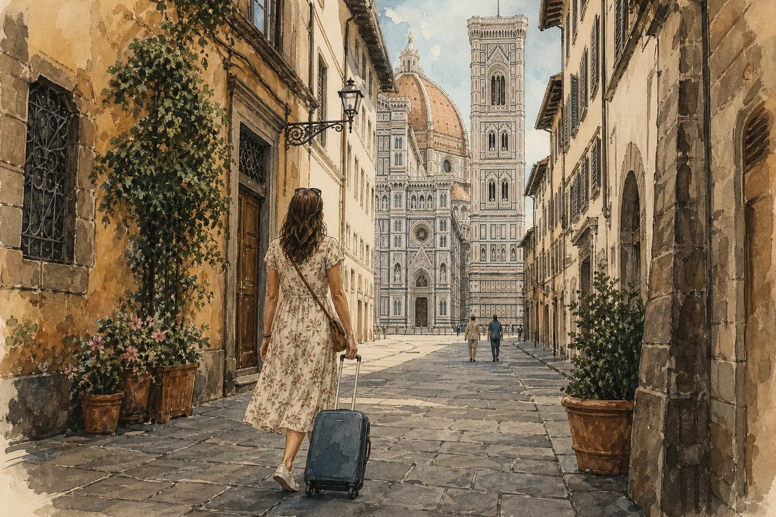 A watercolor illustration of a traveler pulling a suitcase down a flat paved street in Florence toward the Duomo.