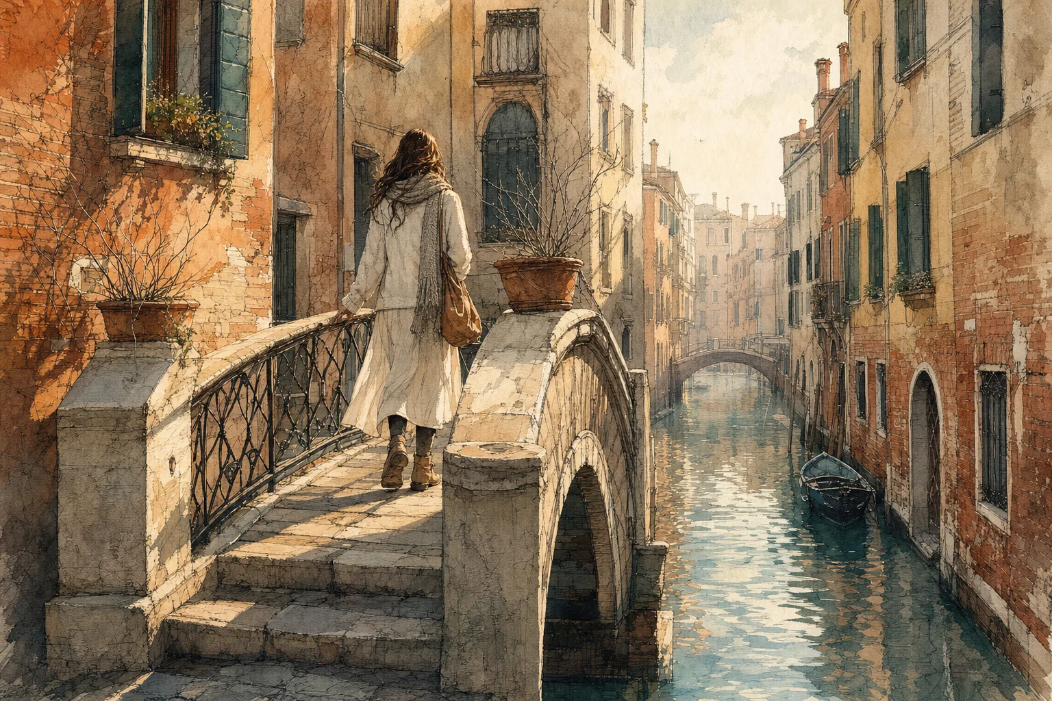 A watercolor illustration of a woman in winter clothing walking across a quiet stone bridge over a Venice canal.