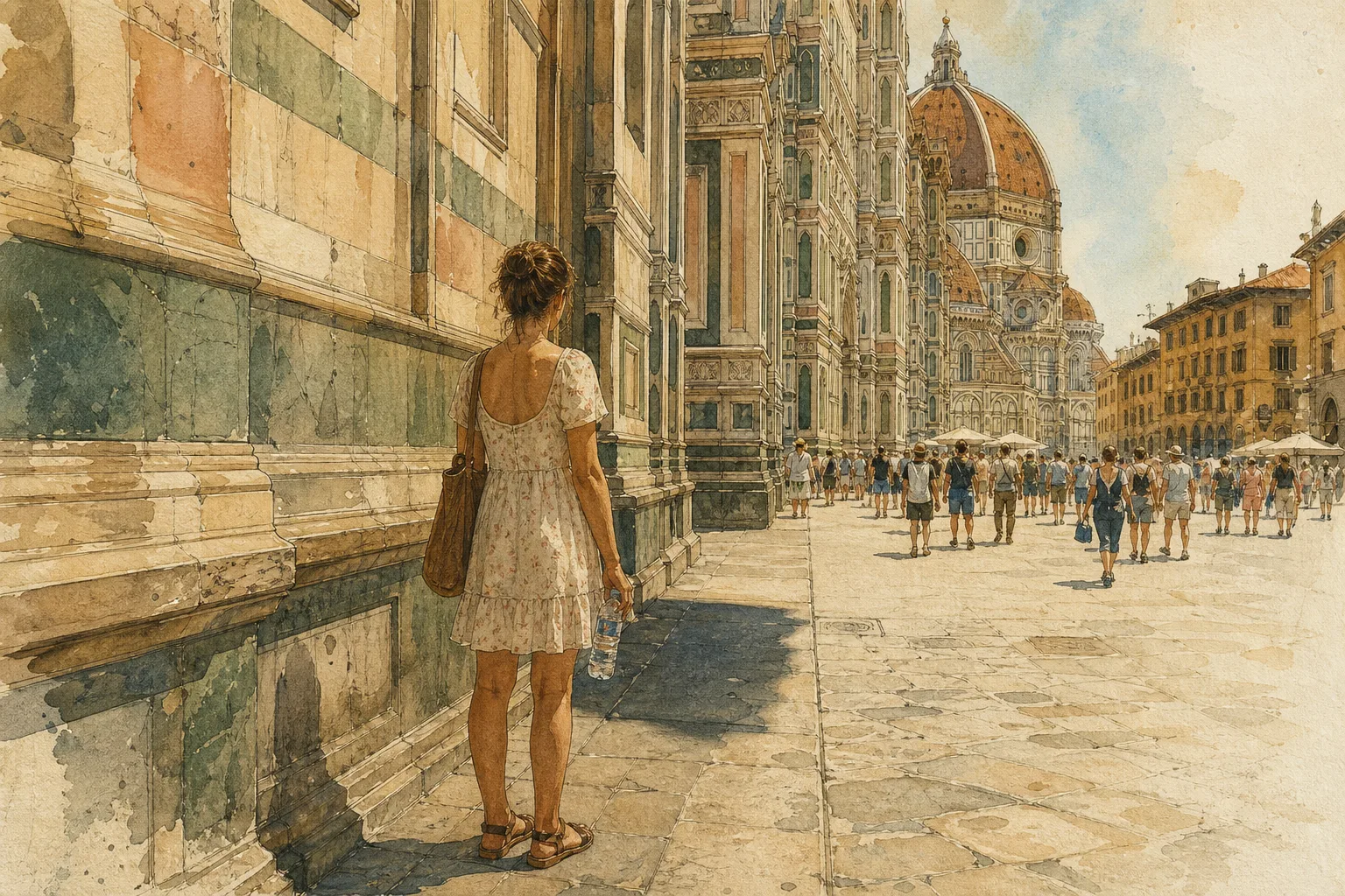 A watercolor painting of a woman holding a water bottle near the crowded Florence Cathedral on a hot summer day.