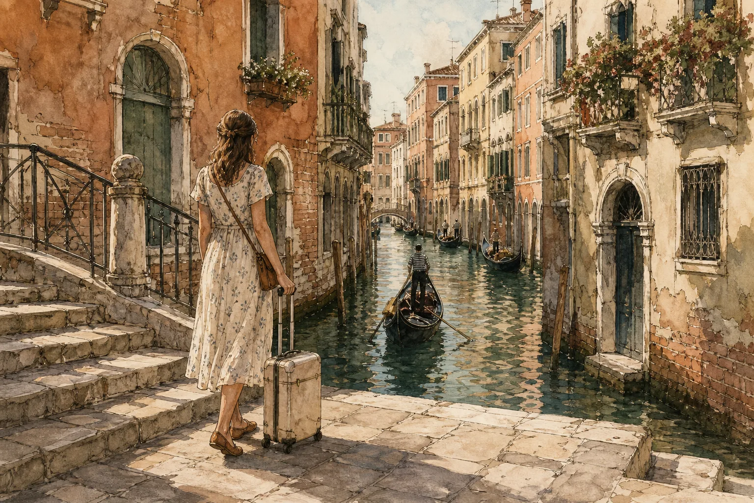 A watercolor illustration of a traveler with a suitcase looking out over a canal in Venice featuring gondolas.