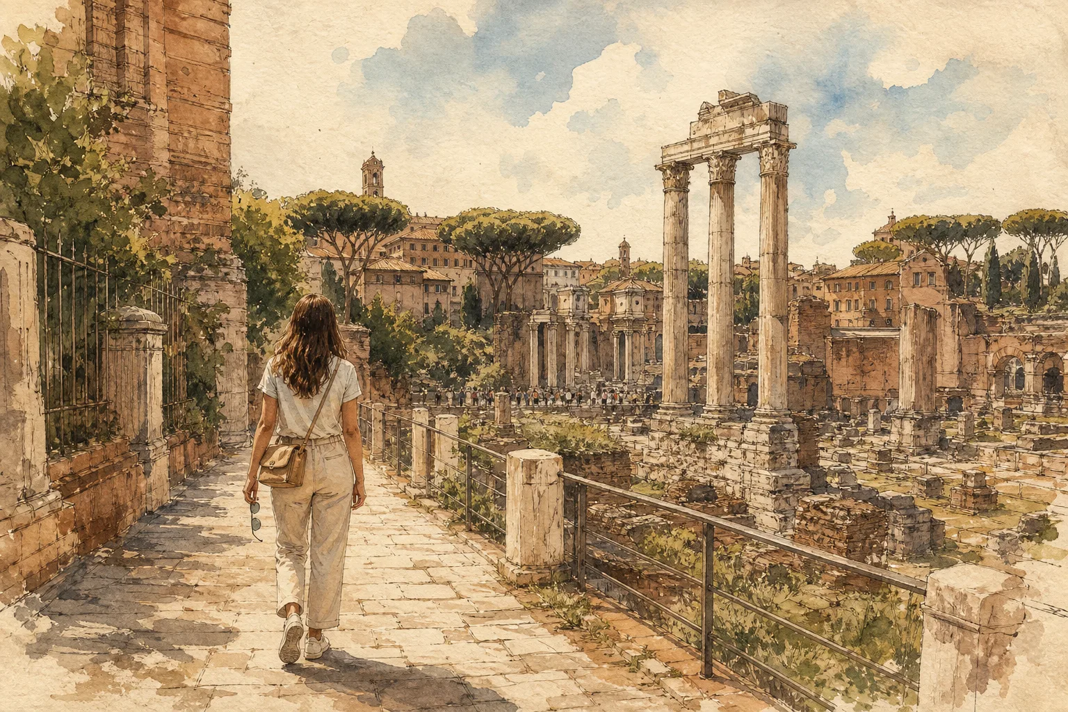 Watercolor illustration of a woman walking along a stone path overlooking the Roman Forum ruins under a partly cloudy sky.