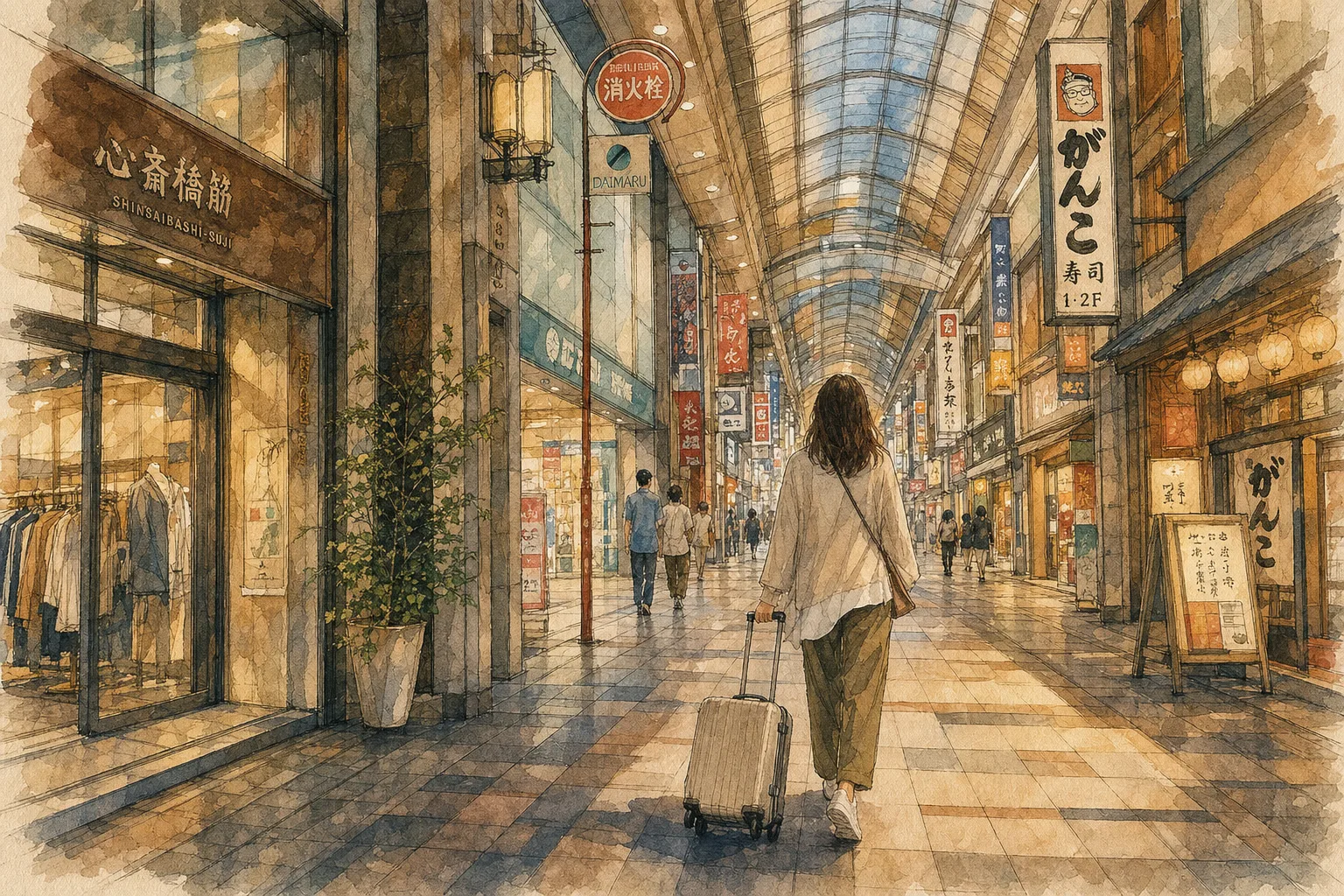 A watercolor illustration of a traveler walking with a suitcase through a covered shopping arcade in Osaka.