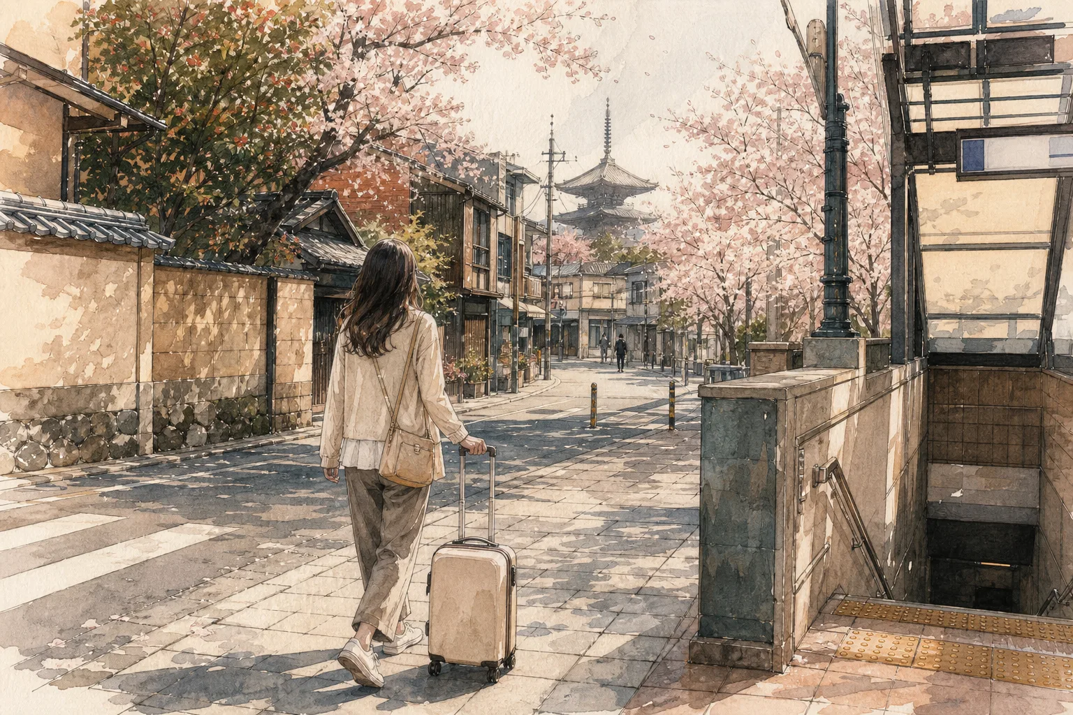 A watercolor illustration of a woman with a suitcase walking past a subway entrance on a Kyoto street with a pagoda in the distance.