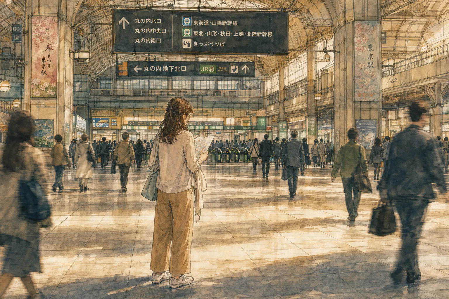 A woman looking at a map in a bustling Tokyo train station, surrounded by many people.