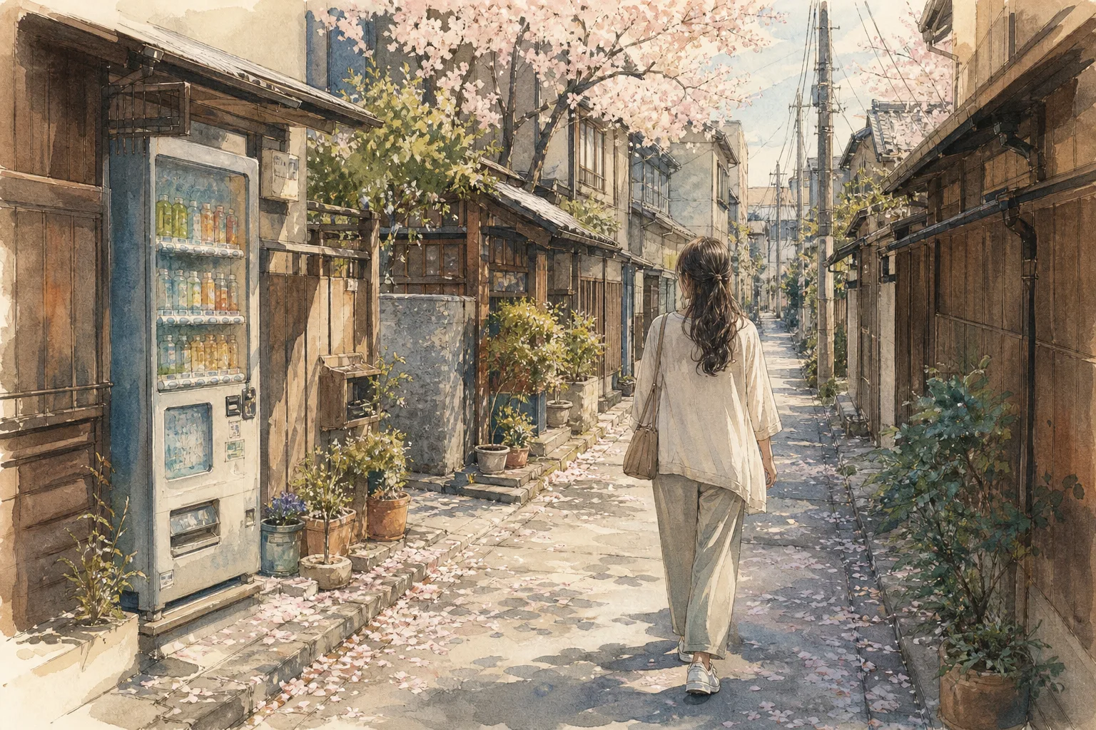 A watercolor illustration of a person walking down a quiet Japanese residential street with cherry blossom petals on the pavement.