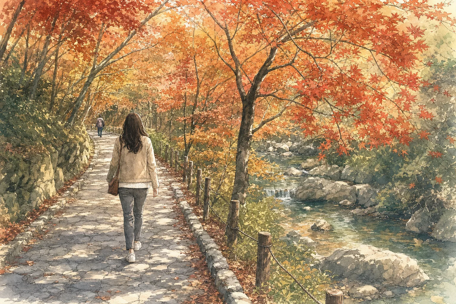 A person walks along a stone path beside a clear stream, surrounded by trees with vibrant orange and red autumn foliage, with another person visible in the distance.