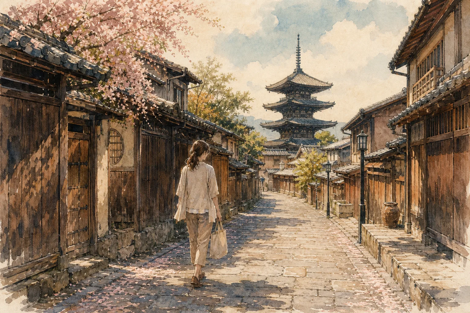 Watercolor of a woman walking along a quiet traditional Kyoto street toward a pagoda.