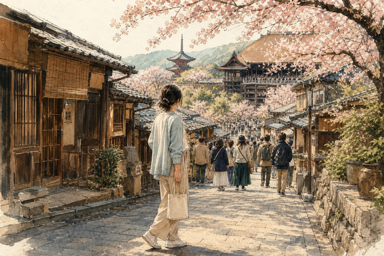 Watercolor illustration of a traveler looking down a crowded street in Kyoto during cherry blossom season.