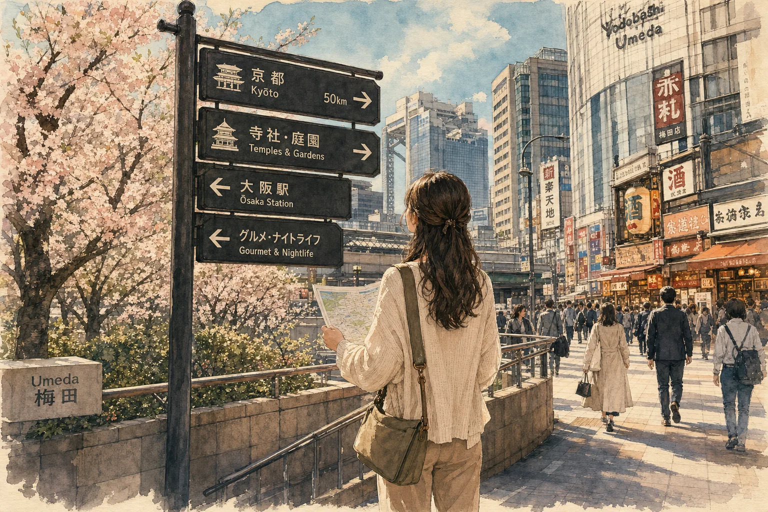 A traveler stands at a crossroads signpost in Umeda, Osaka, looking at directions for Kyoto (Temples & Gardens) and Osaka Station (Gourmet & Nightlife) while holding a map.