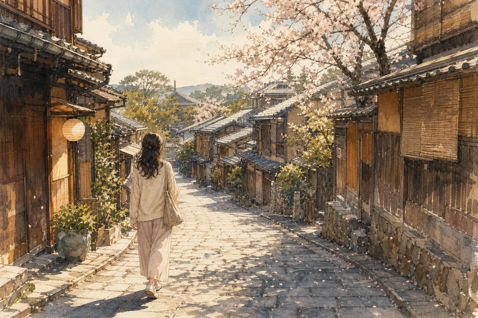 A watercolor illustration of a woman walking down a historic stone street in Kyoto under blooming cherry blossoms.