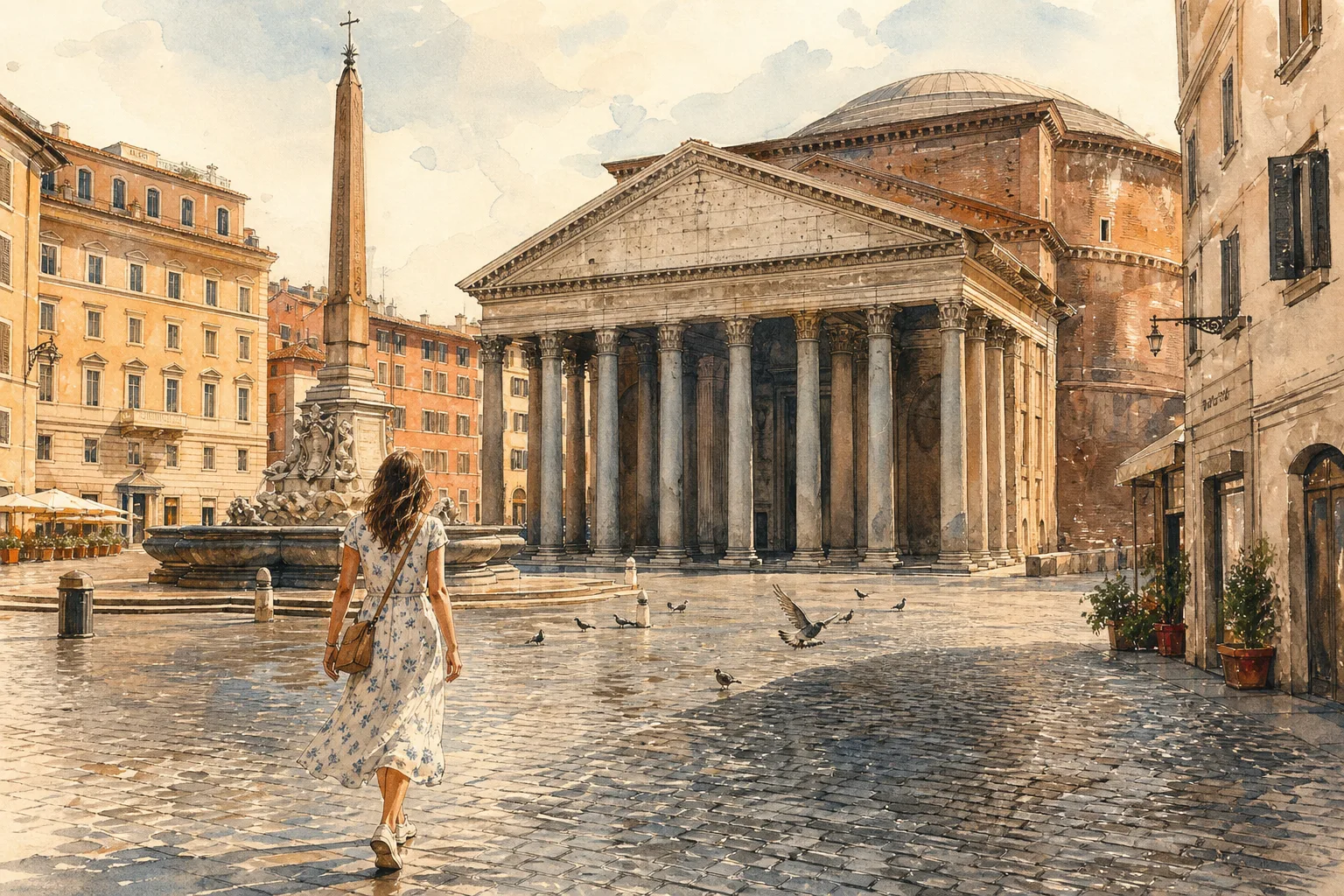 A woman walking through a quiet Roman piazza on a cool overcast winter morning, with a few scattered visitors near a fountain.