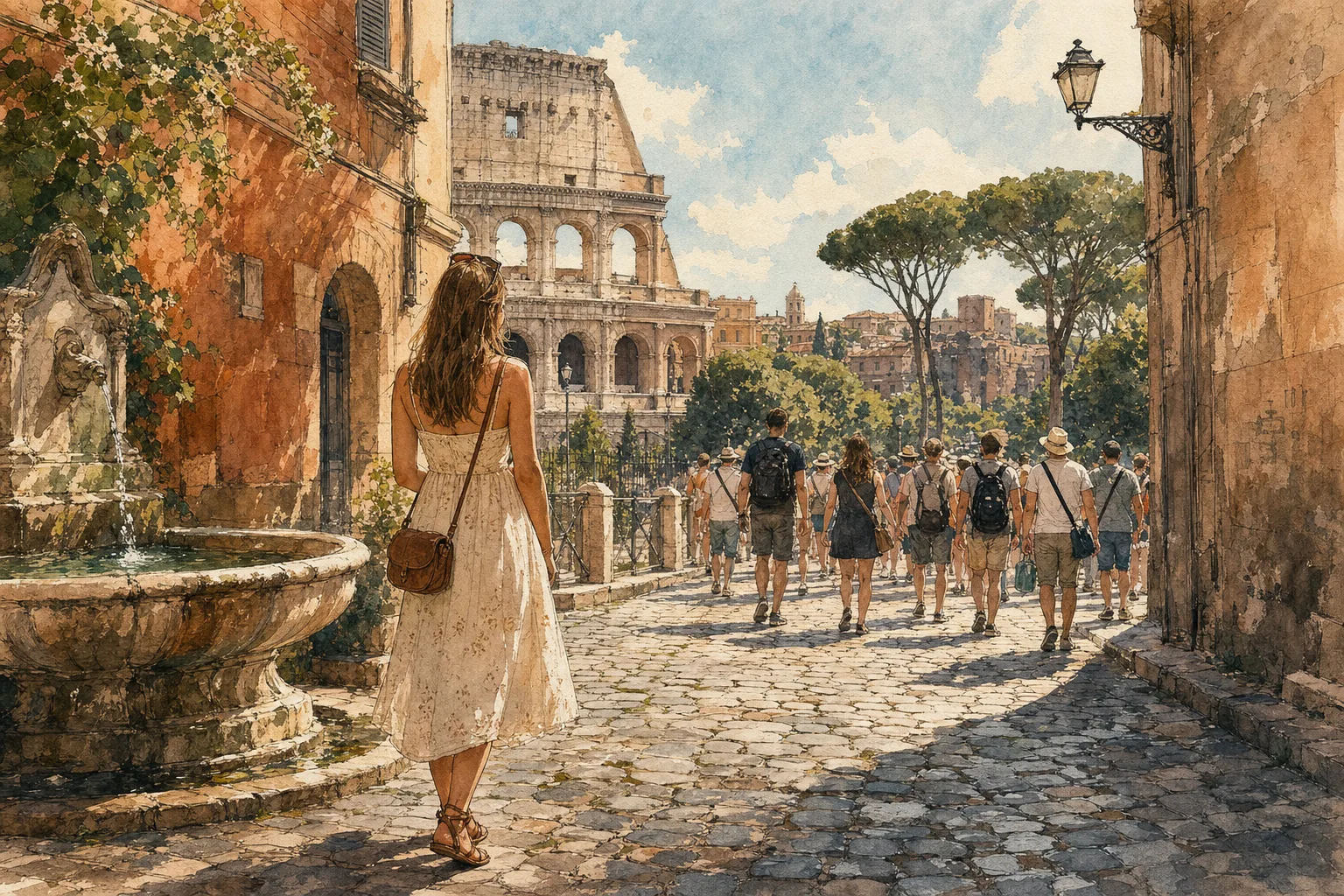 Editorial illustration: Late spring afternoon in central Rome near a cobblestone lane leading toward the Colosseum area.