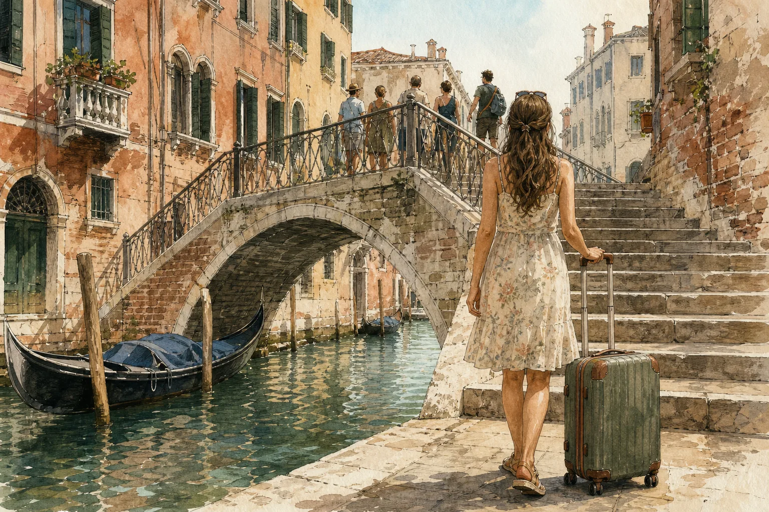 Editorial illustration: A woman in her 20s seen from behind in a light summer dress and flat walking shoes.