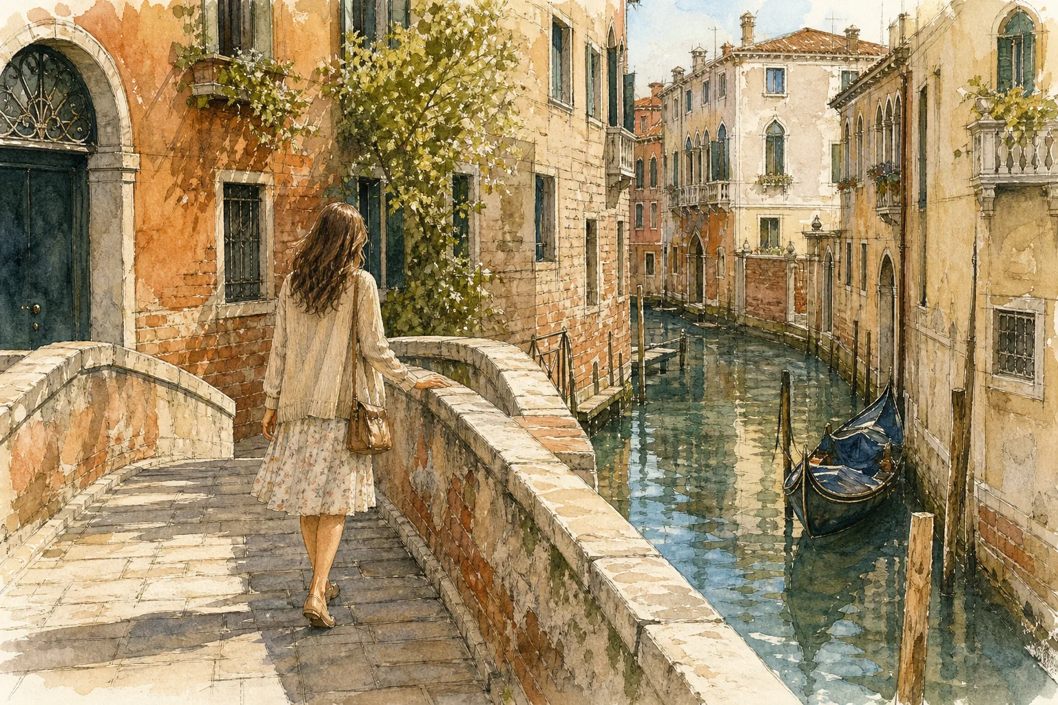 A watercolor painting of a woman walking on a stone bridge over a quiet Venice canal with a gondola in spring.