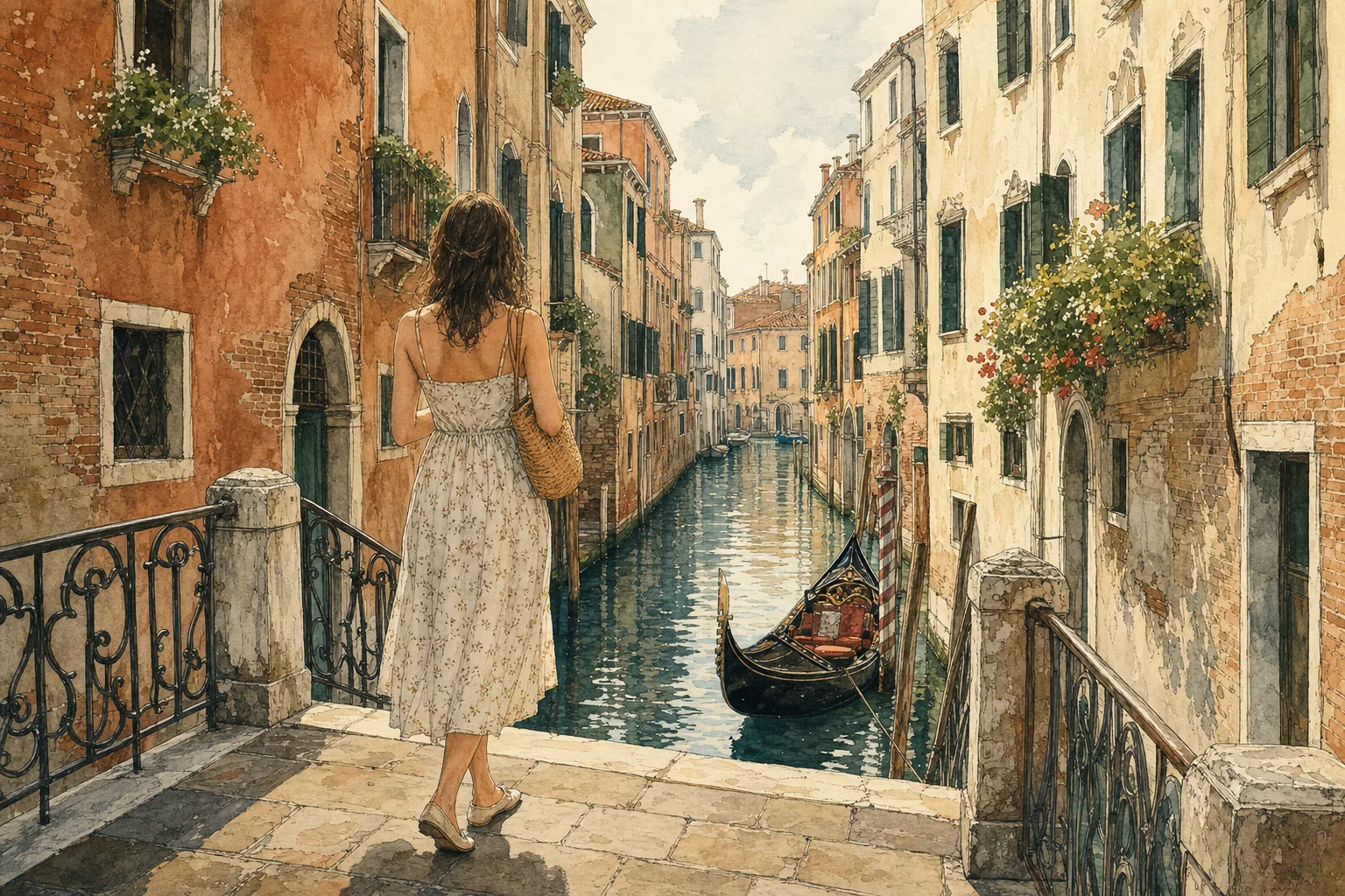 Watercolor illustration of a woman on a quiet Venice bridge looking over a canal with a moored gondola.