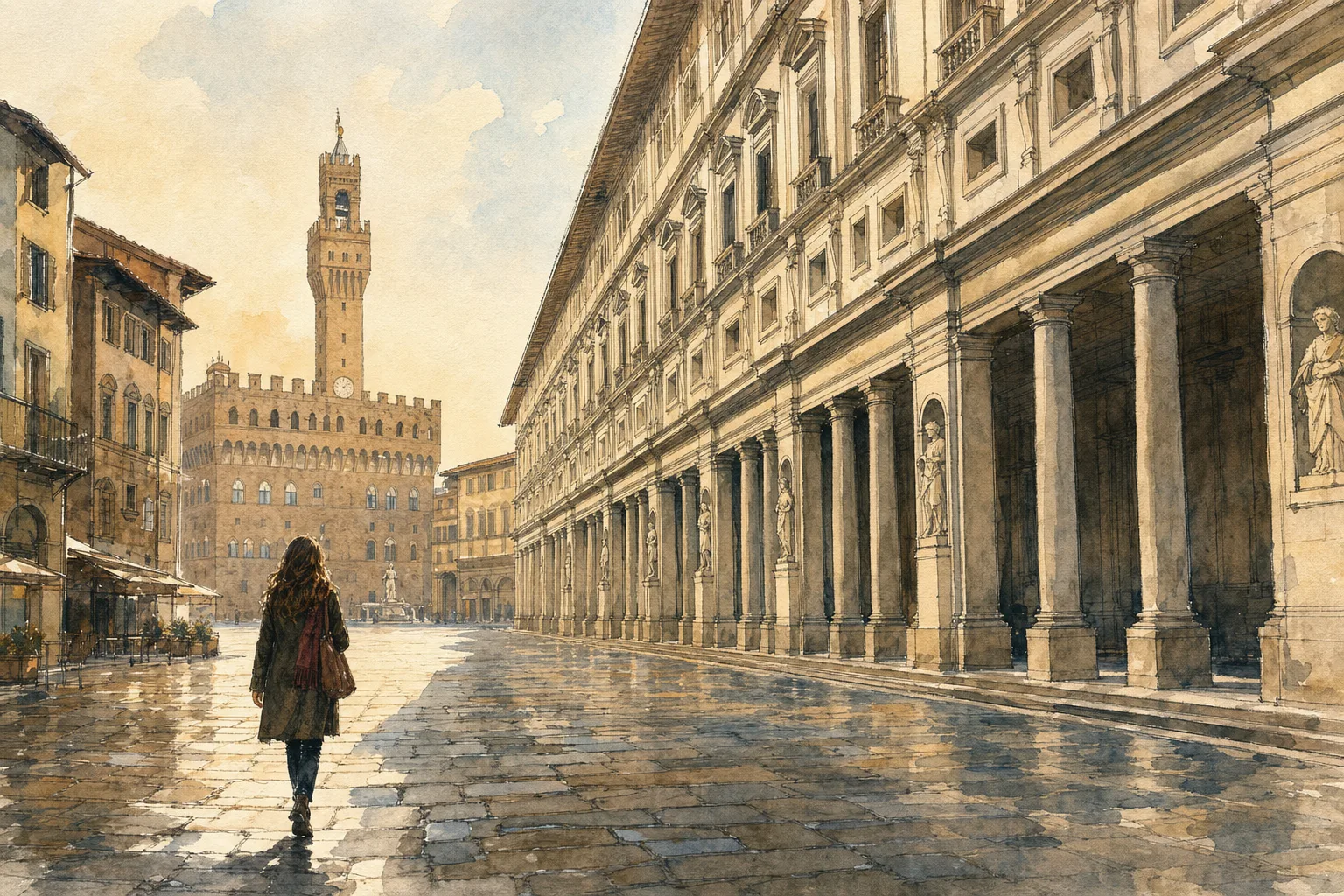 A watercolor illustration of a woman in a winter coat walking through the empty plaza between the Uffizi Gallery and Palazzo Vecchio in Florence.
