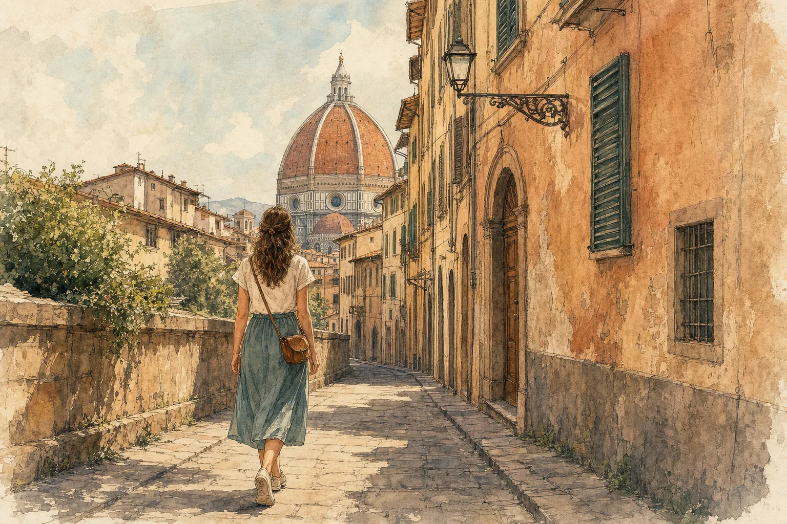 Editorial illustration: Florence historic center on a warm spring afternoon.