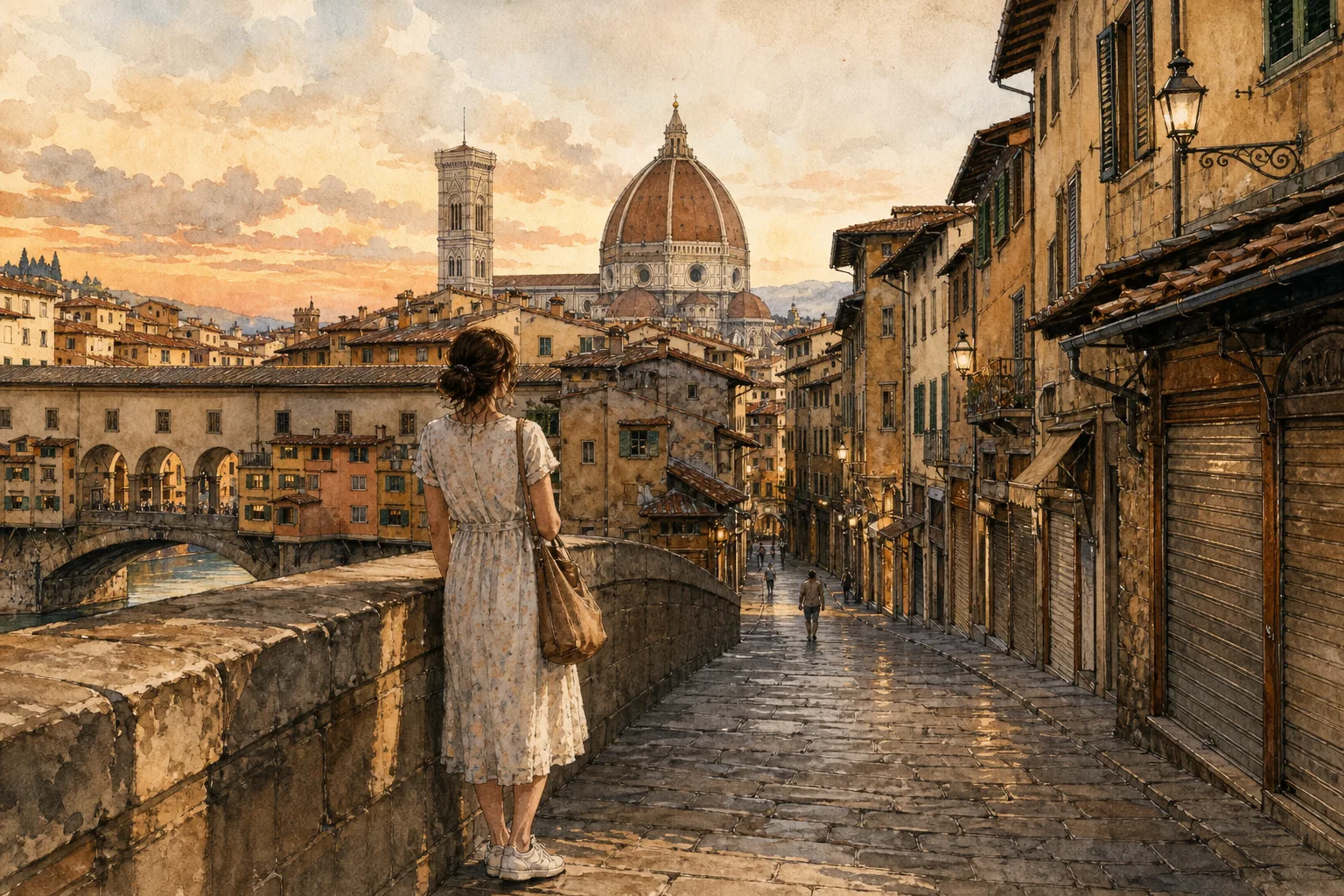 Watercolor illustration of a woman standing on a stone bridge in Florence during a quiet sunset, with closed storefronts along the street.