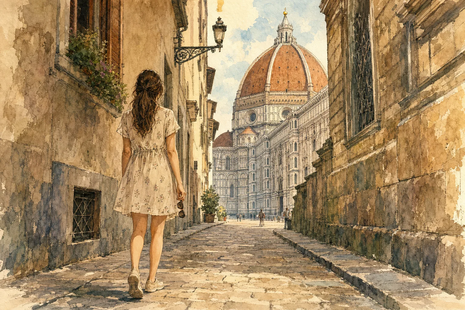 A watercolor painting of a woman walking down a quiet stone street in Florence toward the Duomo.