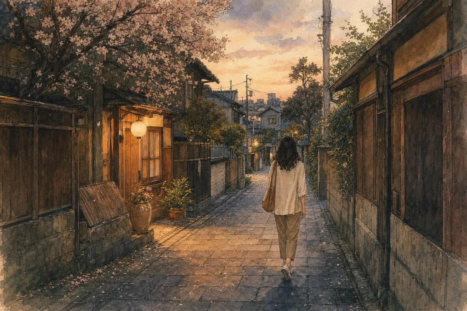 A watercolor painting of a lone traveler walking down a quiet, lantern-lit street in a traditional Tokyo neighborhood at sunset.