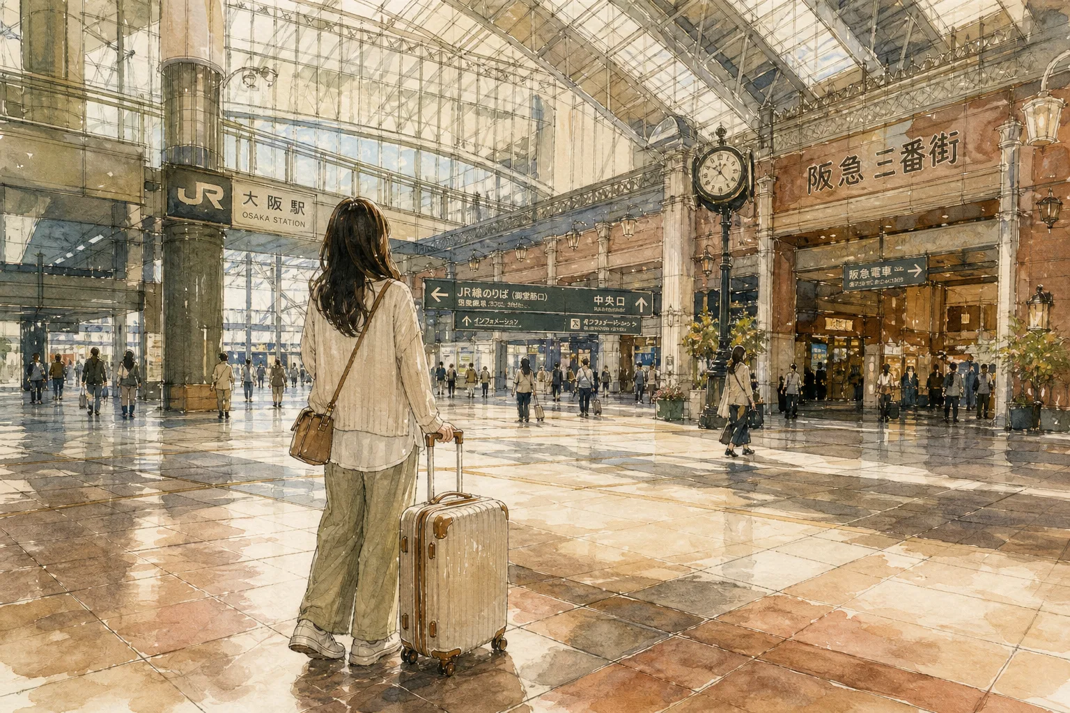 A watercolor illustration of a traveler with a suitcase standing inside Osaka Station.