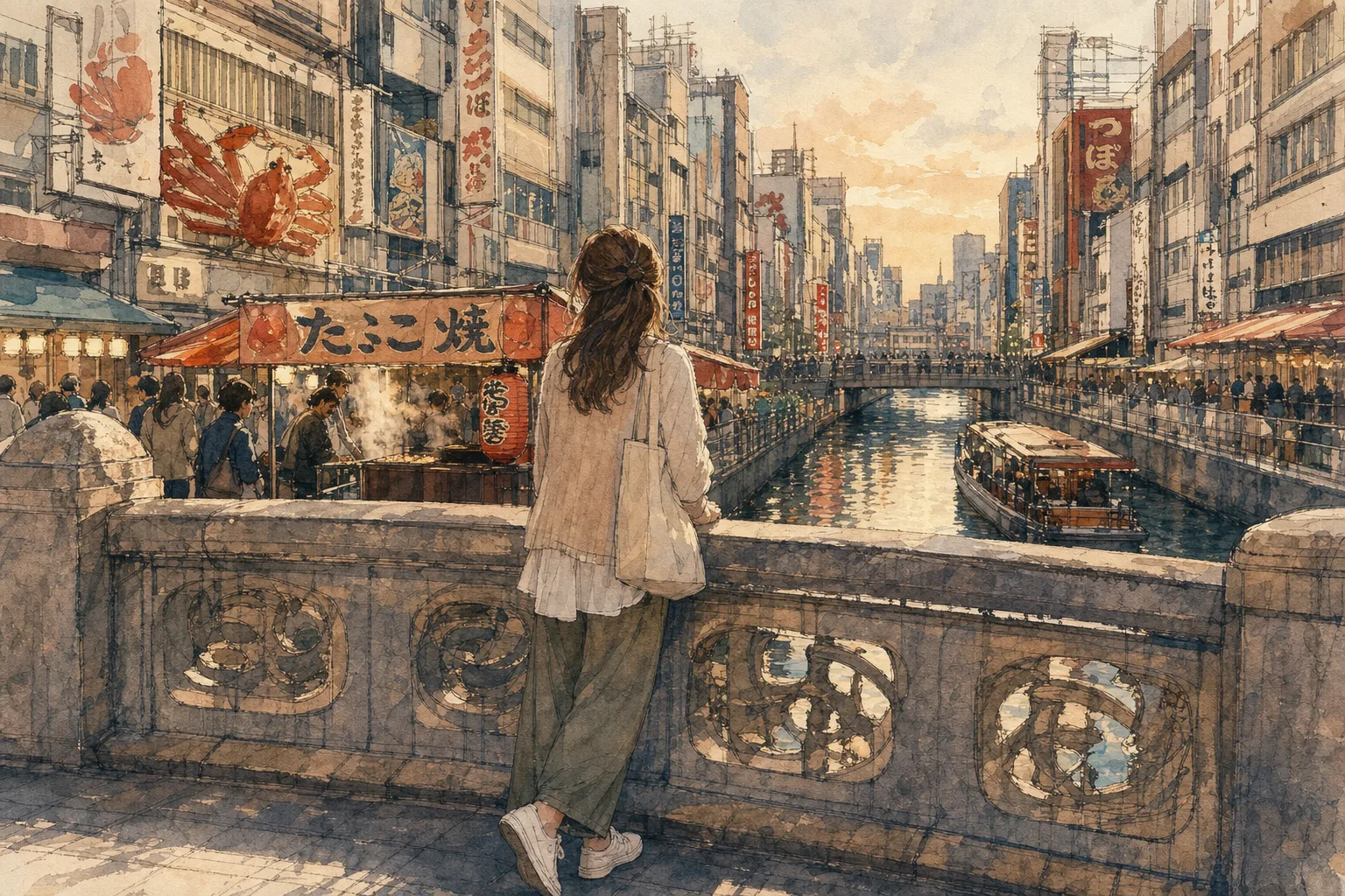 A watercolor illustration of a woman looking over a bridge at the Dotonbori canal in Osaka, surrounded by street food stalls and urban signs.