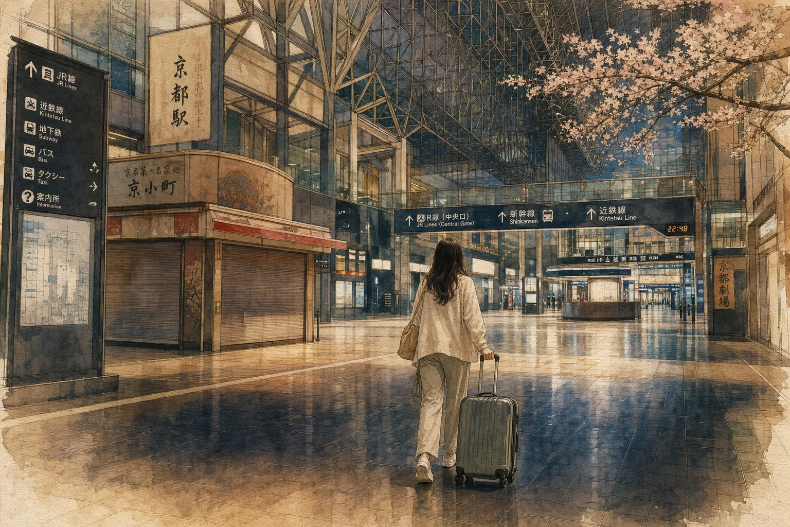 Watercolor illustration of a lone traveler with a suitcase standing in a quiet, mostly empty Kyoto Station terminal at night.