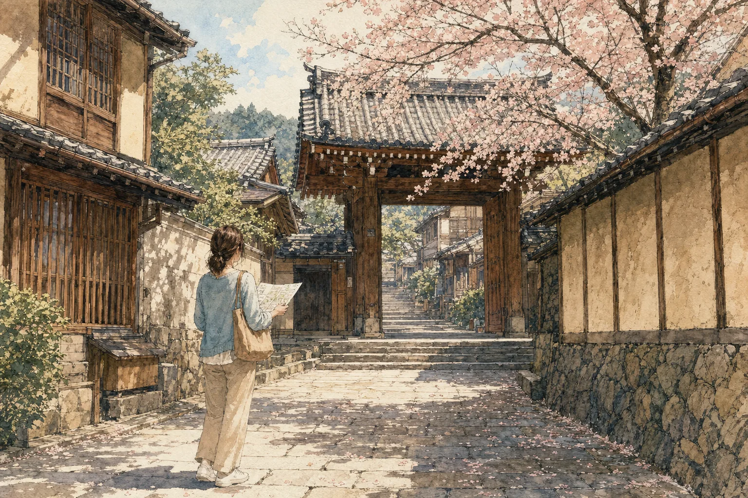 Watercolor illustration of a solo traveler holding a map while looking towards a traditional wooden gate on a historic street in Kyoto.