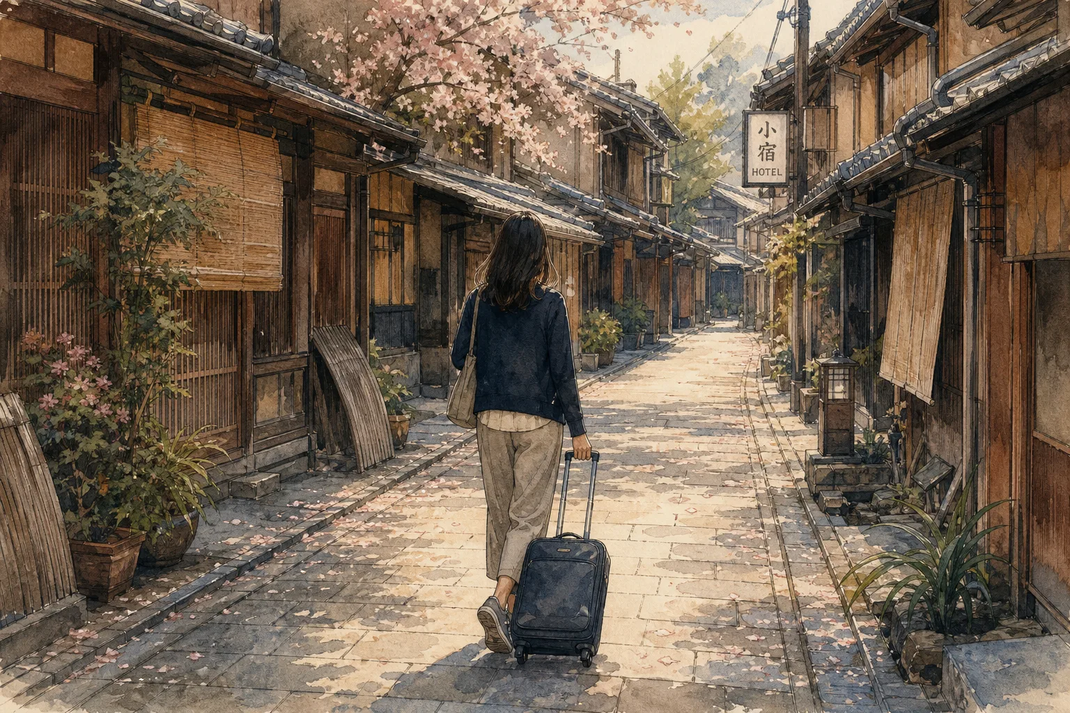 A watercolor illustration of a woman pulling a suitcase down a traditional Kyoto street toward a local hotel.