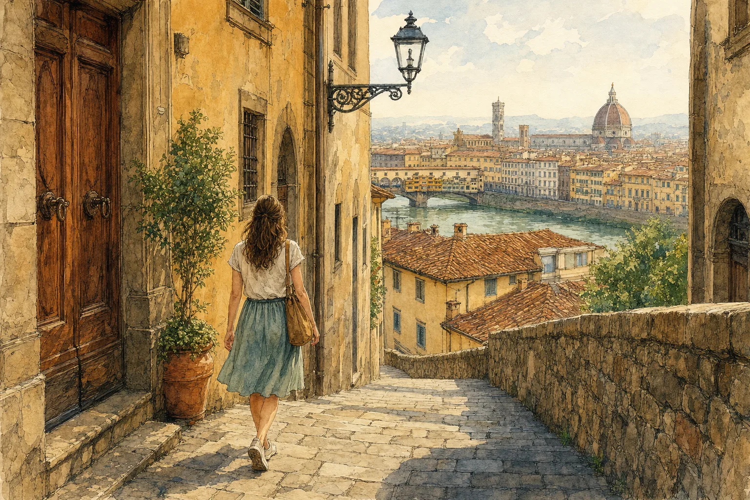 A woman walking through a quiet Florence side street in late afternoon light