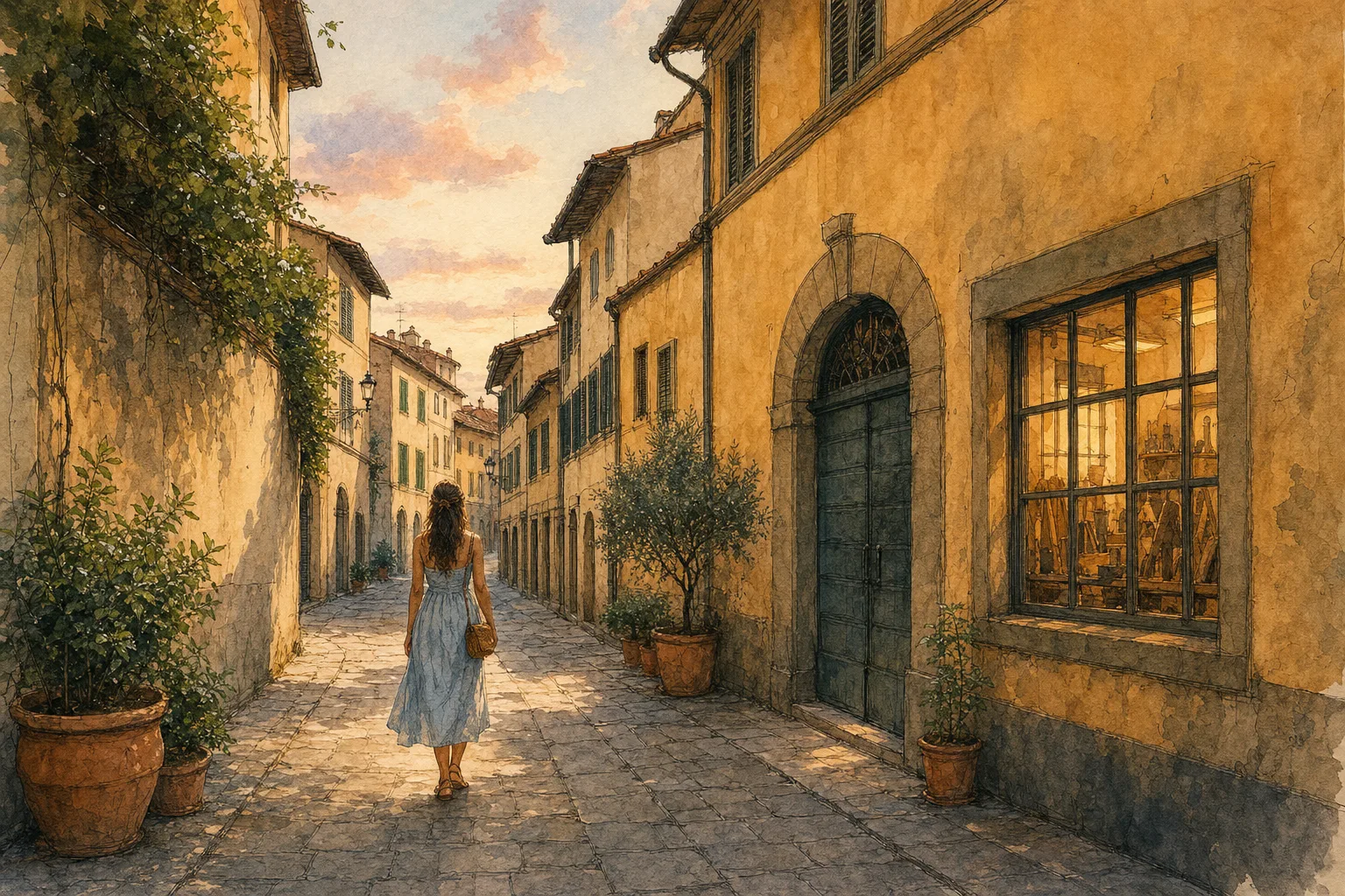 A watercolor painting of a woman walking away down a quiet, narrow residential street in Italy under a sunset sky.